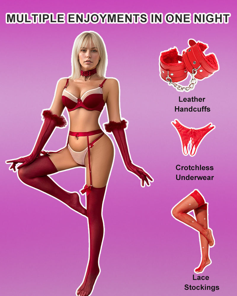 Bow Bra and Panty Set+Gloves+Stockings-lovelira