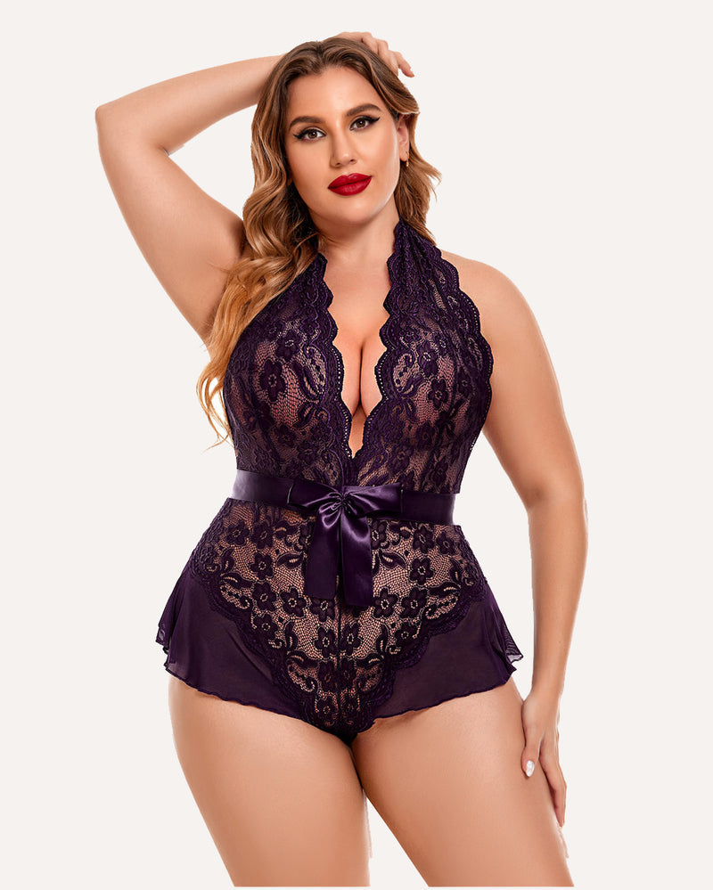 Plus Size Halter Lace Bodysuit-lovelira