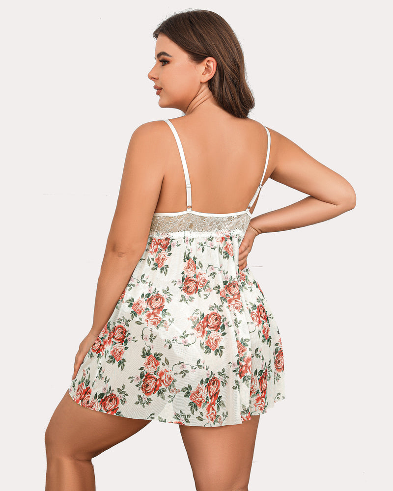 Plus Size Snap Crotch V Neck Lace Nighty-lovelira