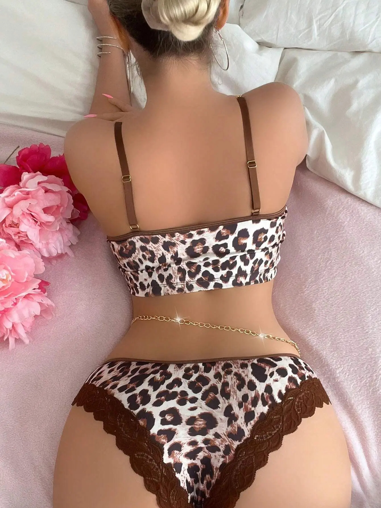 Leopard Lingerie Set Chain Strap Bralette Panties Animal Print