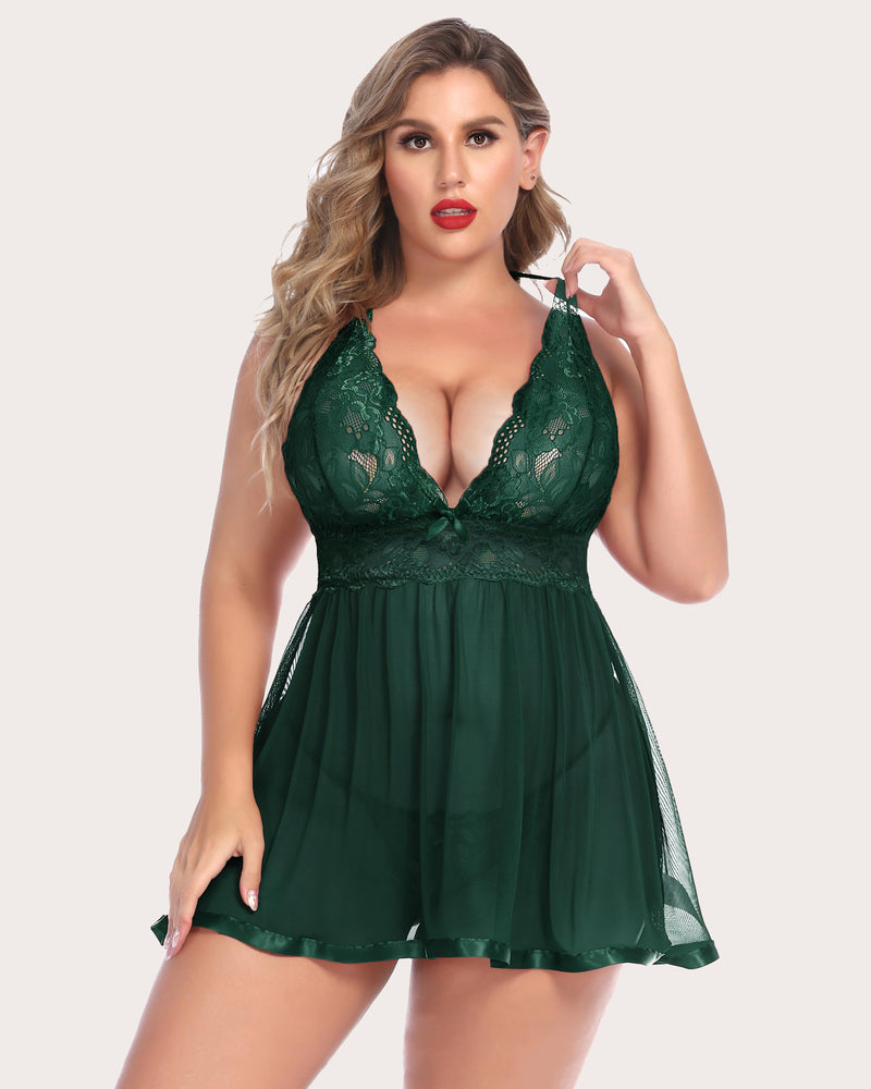 Plus Size Sheer Lace Mesh Babydoll-lovelira