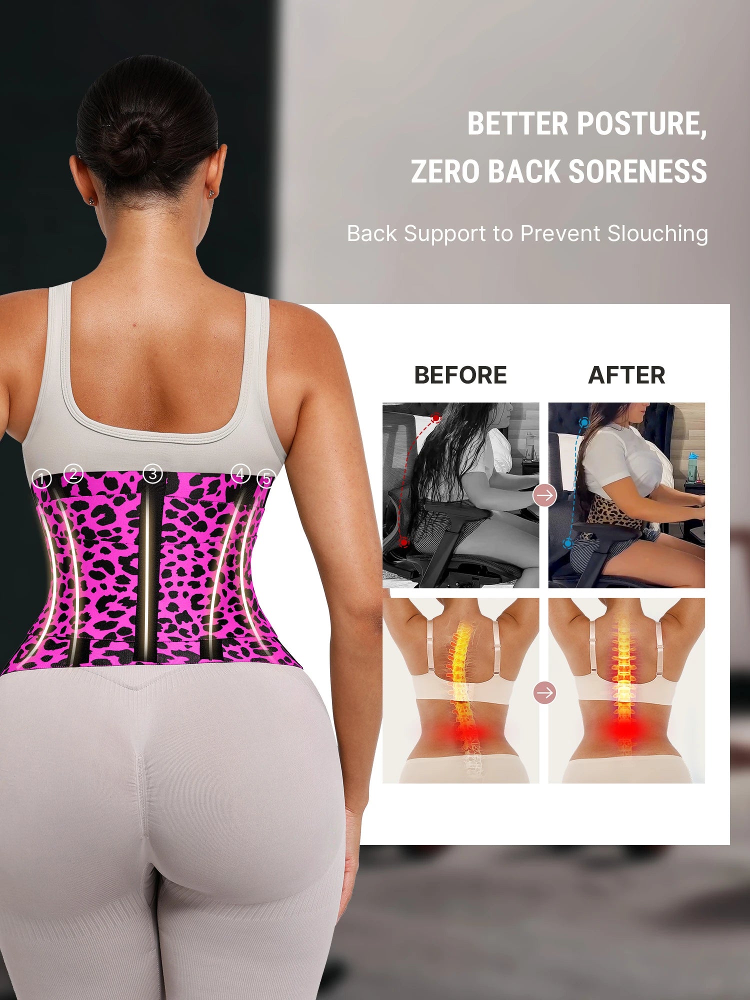 A woman shown from the back wearing a pink and black leopard-print waist trainer corset over a white sports bra and leggings. The image includes marketing text ('Better posture, zero back soreness') and a small before/after back-support comparison panel on the right.