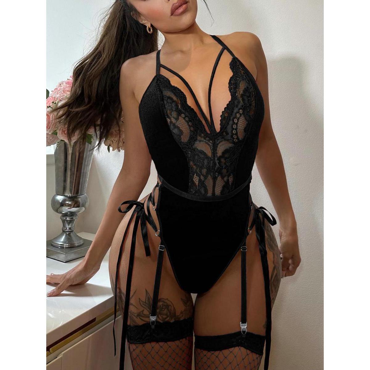 3-Piece Set: Navy Blue Velvet Garter Bodysuit and Stockings