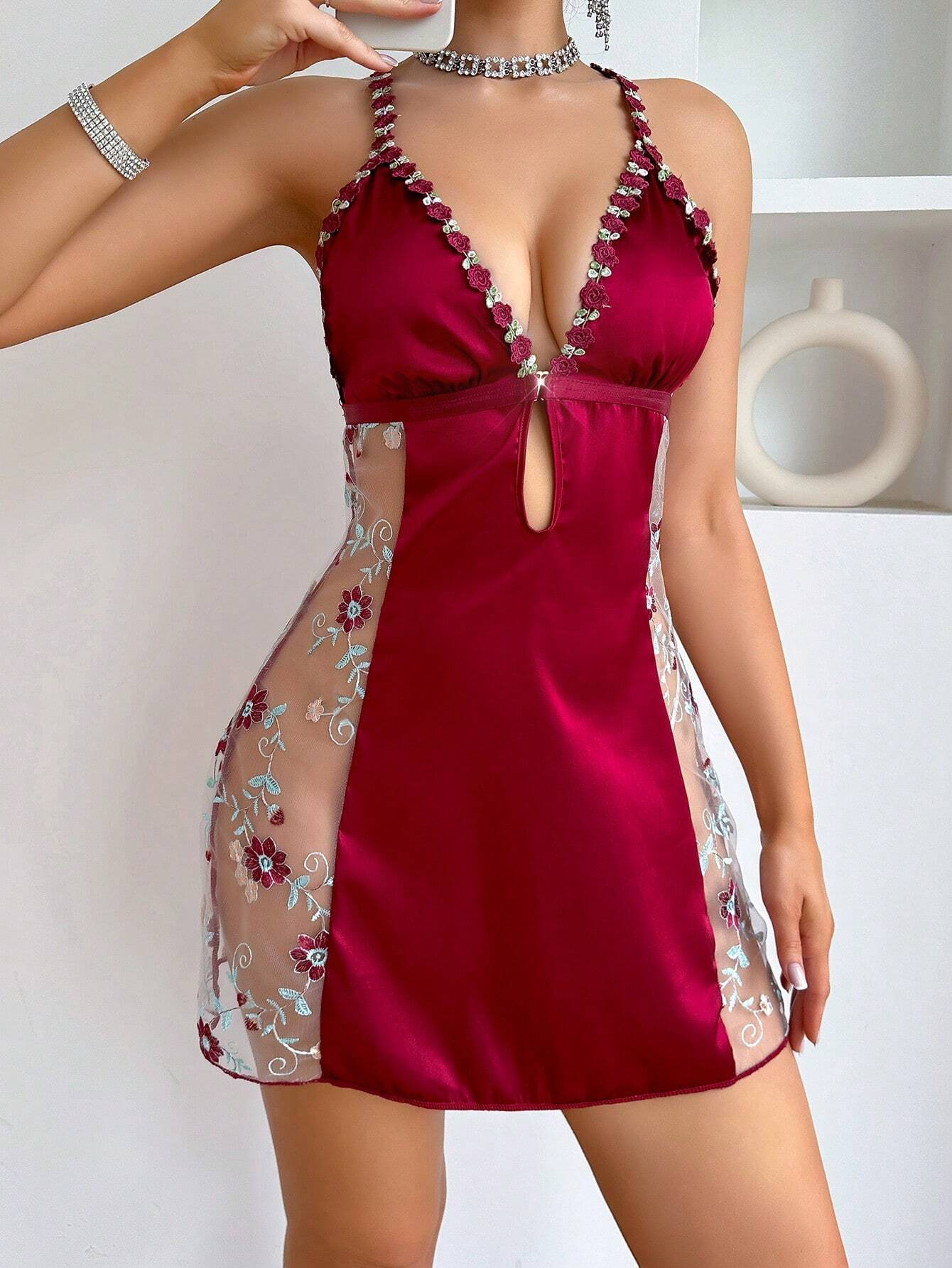 Sexy Satin Floral Embroidered Nightdress