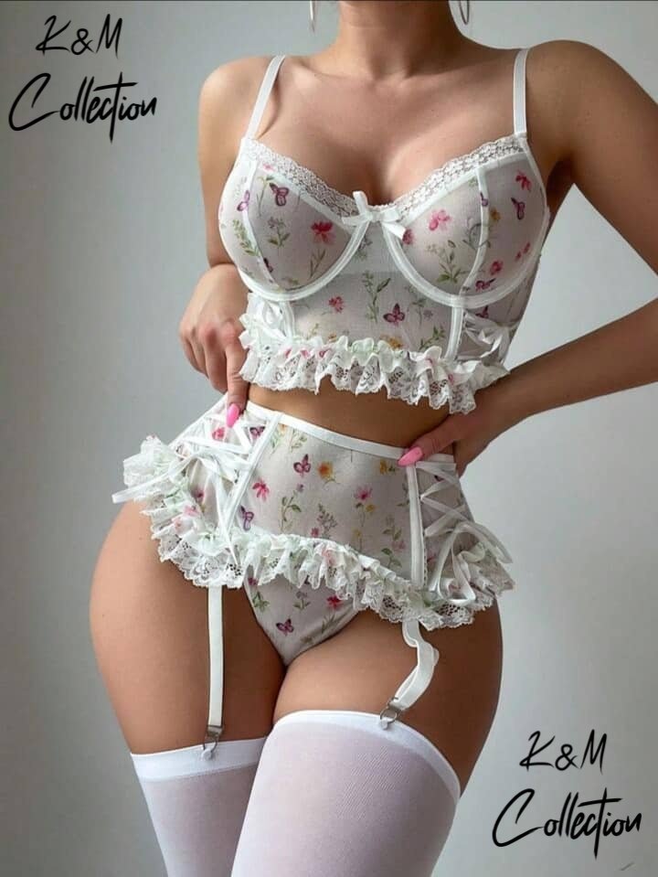 Sexy Lace Mesh Backless Ruffled Decoration Hollow Ring Buckle One-Piece Pajamas