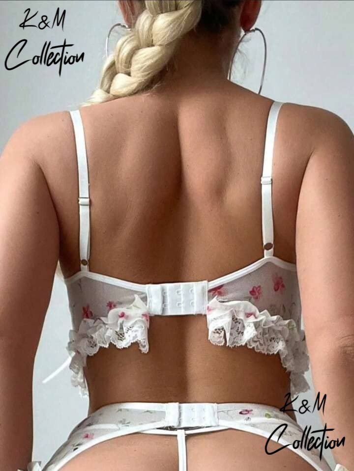 Sexy Lace Mesh Backless Ruffled Decoration Hollow Ring Buckle One-Piece Pajamas