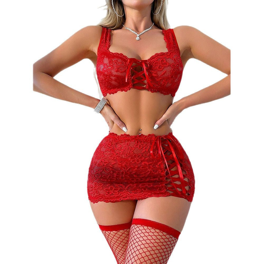 Underwear Lace See-through Temptation Bra Skirt T-back 3-piece Set-lovelira