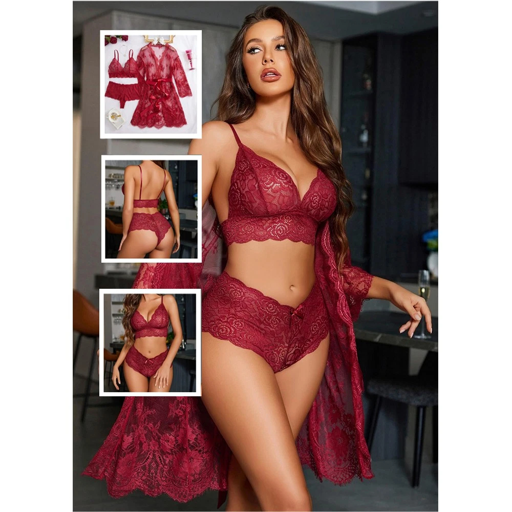 Women's Sexy Lingerie Set 3 Piece Lace Kimono Robe with Bra and Panty Sleepwear