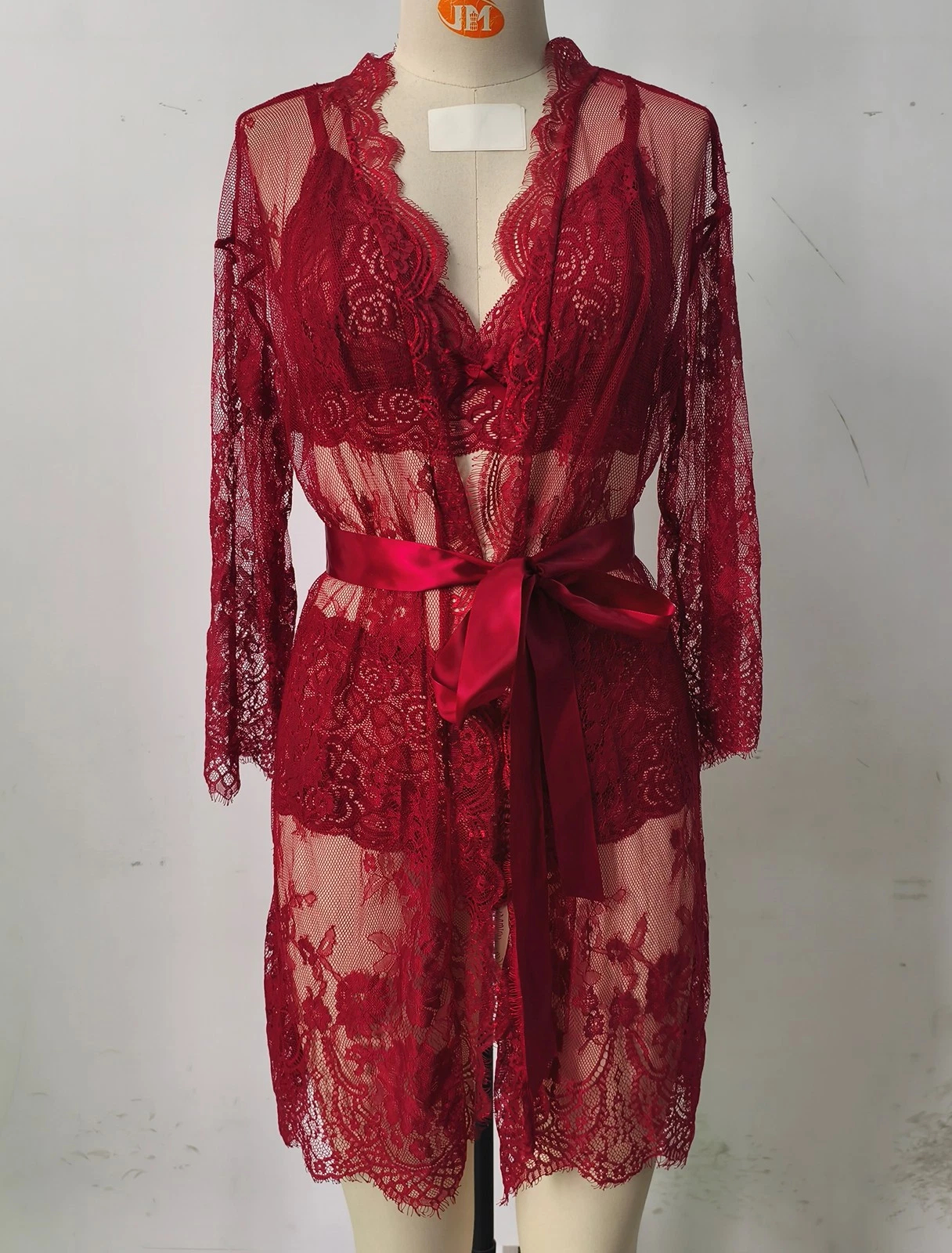 Women's Sexy Lingerie Set 3 Piece Lace Kimono Robe with Bra and Panty Sleepwear