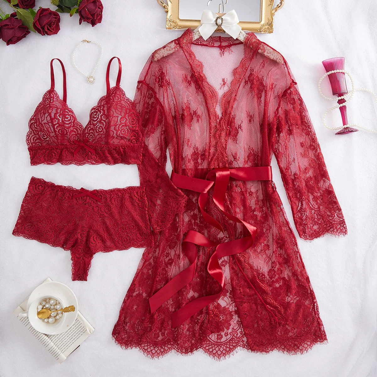 Women's Sexy Lingerie Set 3 Piece Lace Kimono Robe with Bra and Panty Sleepwear