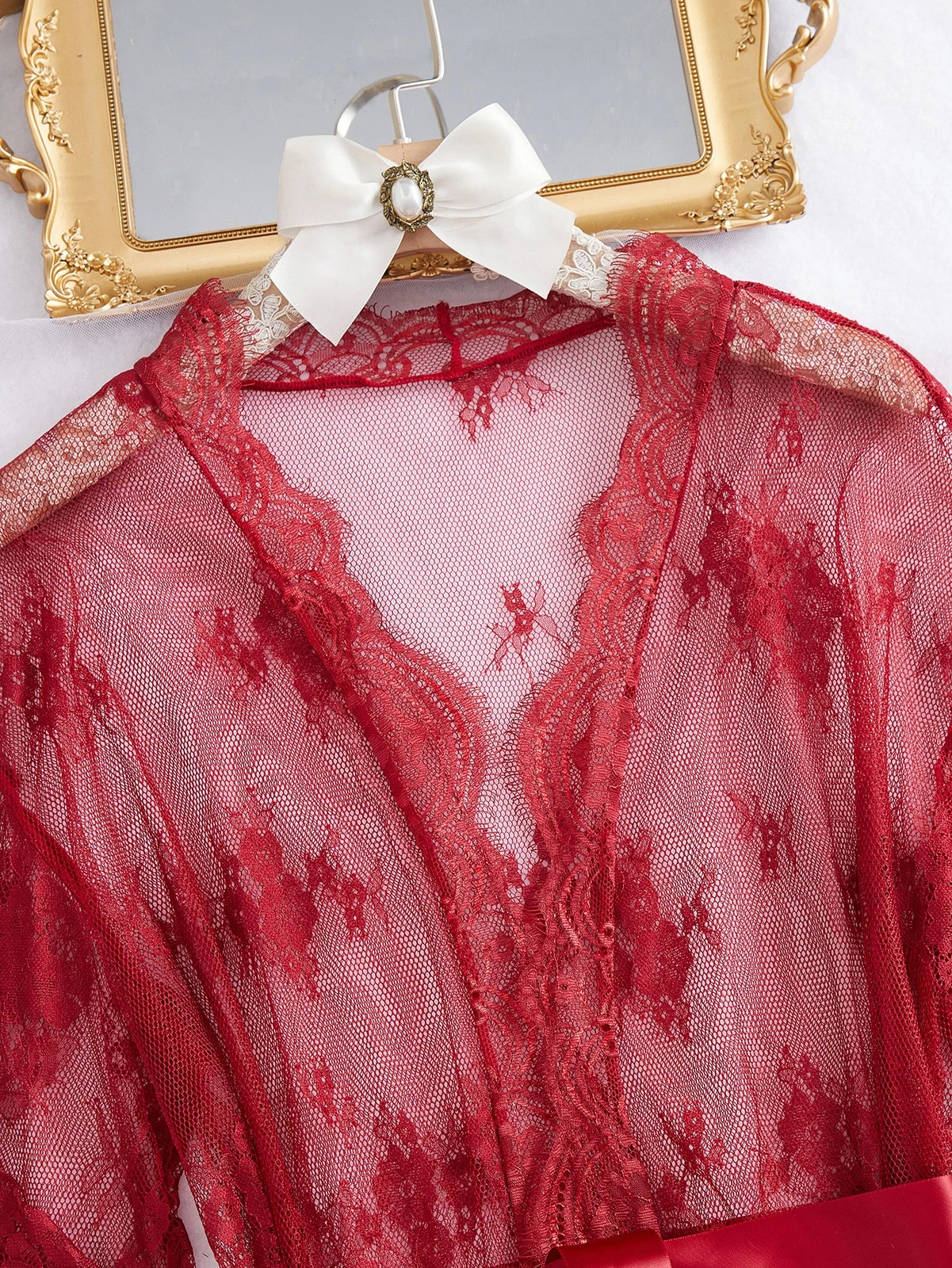 Women's Sexy Lingerie Set 3 Piece Lace Kimono Robe with Bra and Panty Sleepwear