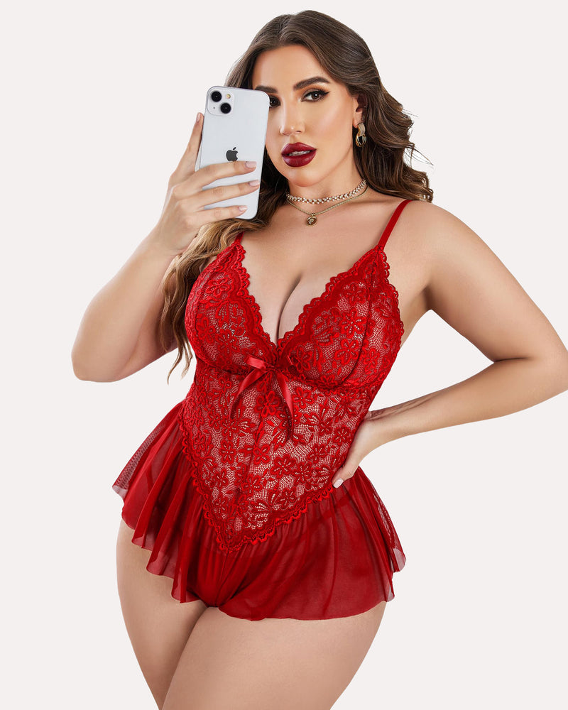 Plus Size Bodysuit Lace Teddy One Piece-lovelira