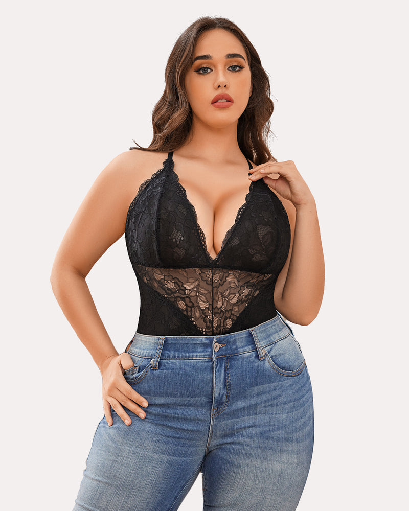 Pius Size Snap Crotch Lace Bodysuit-lovelira