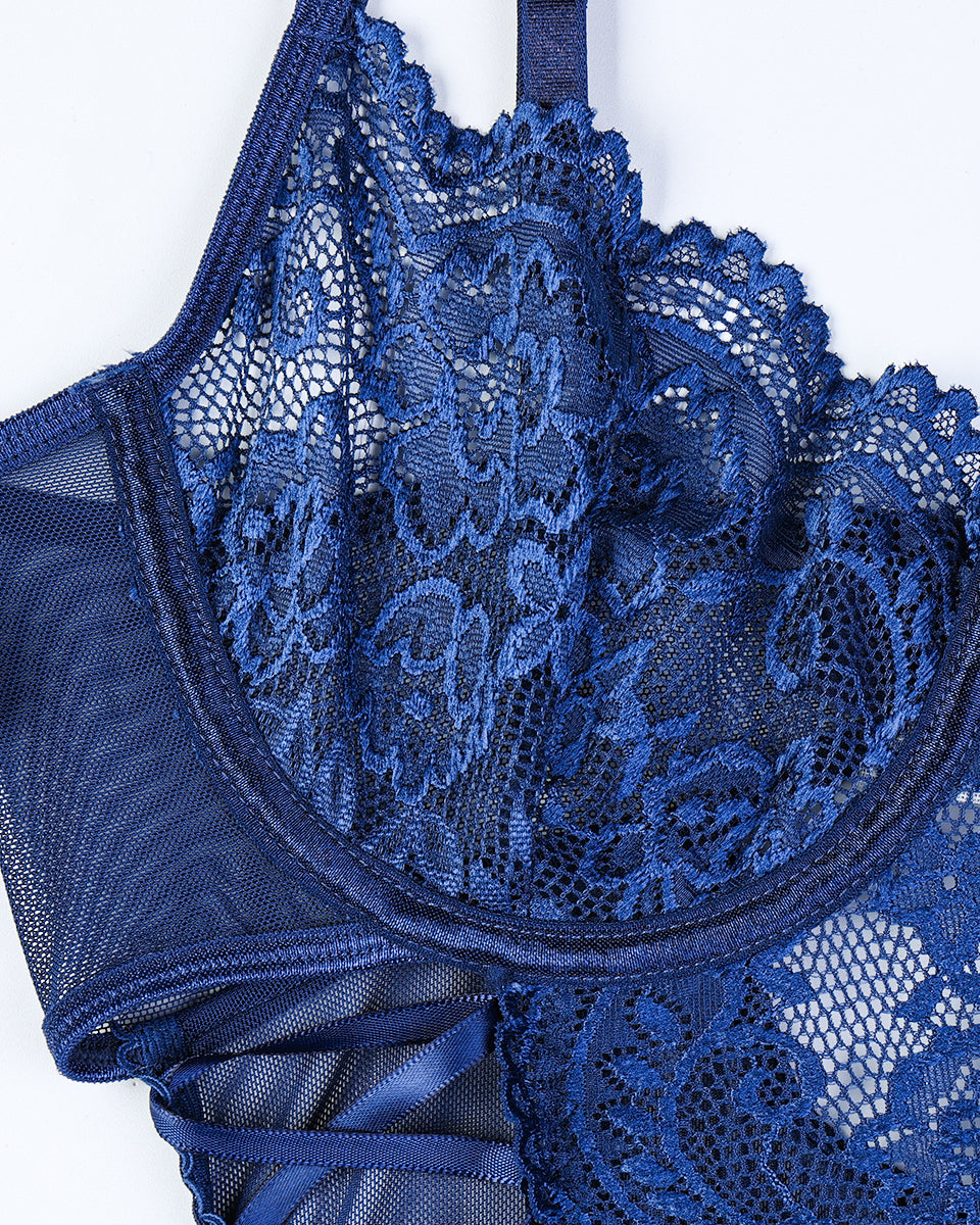 Criss Side Tie Sheer Floral Lace Bodysuits-lovelira