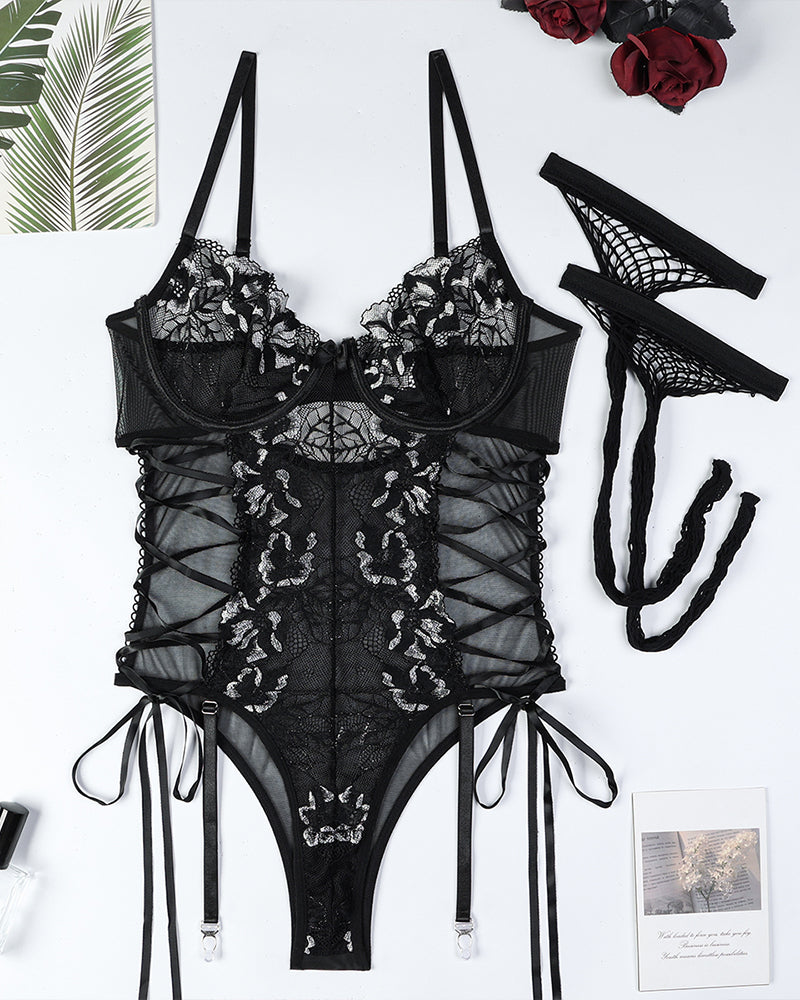 Criss Side Tie Sheer Floral Lace Bodysuits-lovelira
