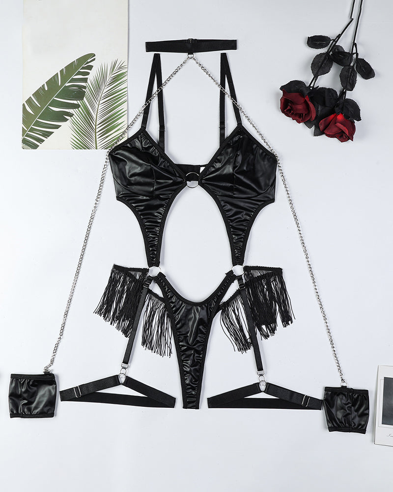 Chain And Leather Fringe Bodysuit-lovelira