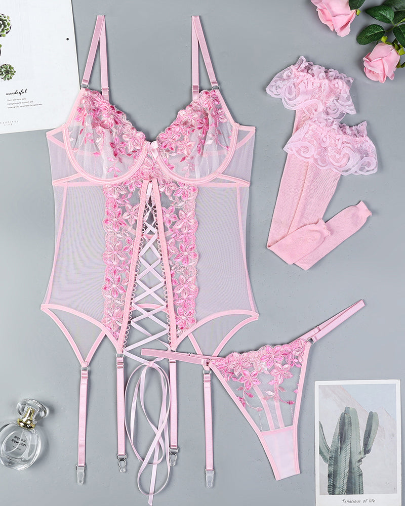 Flower Embroidered Stockings Bra Set-lovelira