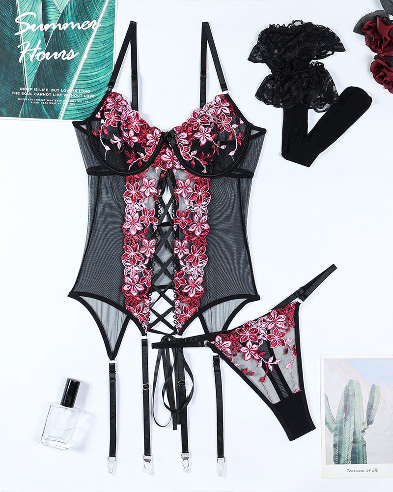 Flower Embroidered Stockings Bra Set-lovelira