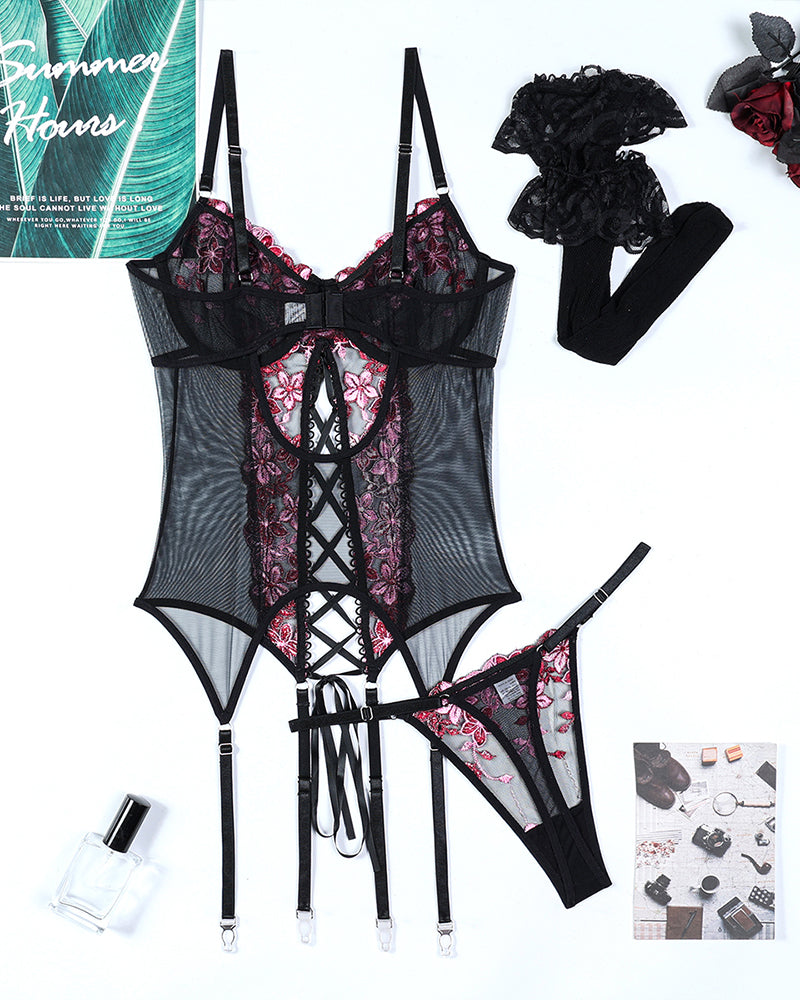 Flower Embroidered Stockings Bra Set-lovelira