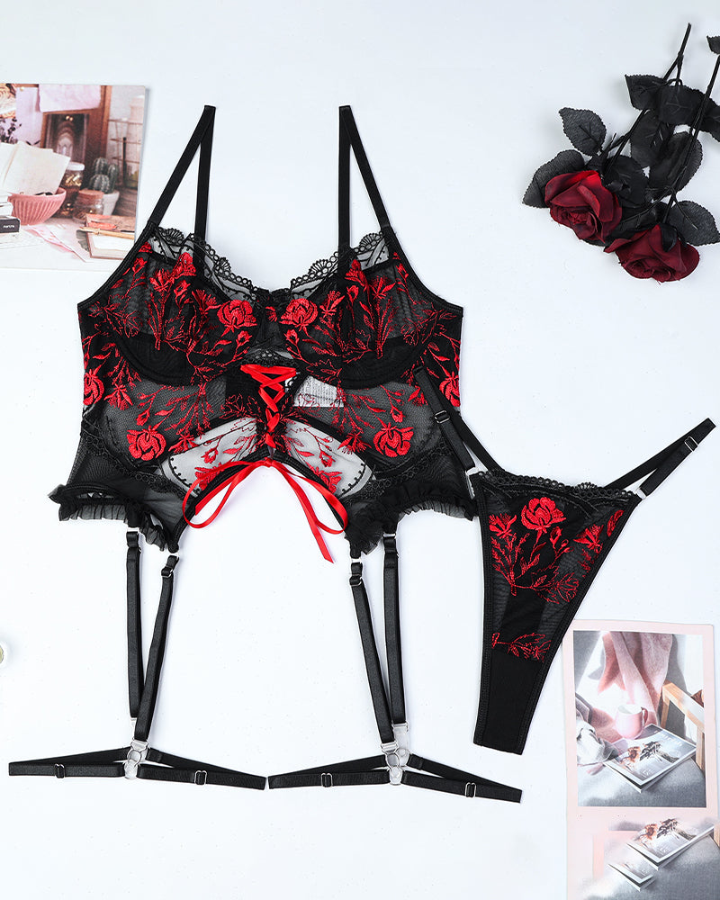 Black floral embroidered lingerie set with red accents, cross-strap bodice, garter belt, Avidlove