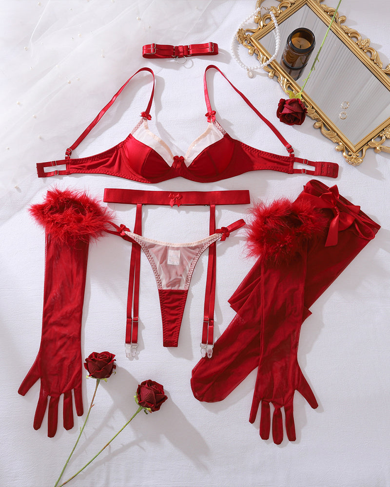 Bow Bra and Panty Set+Gloves+Stockings-lovelira