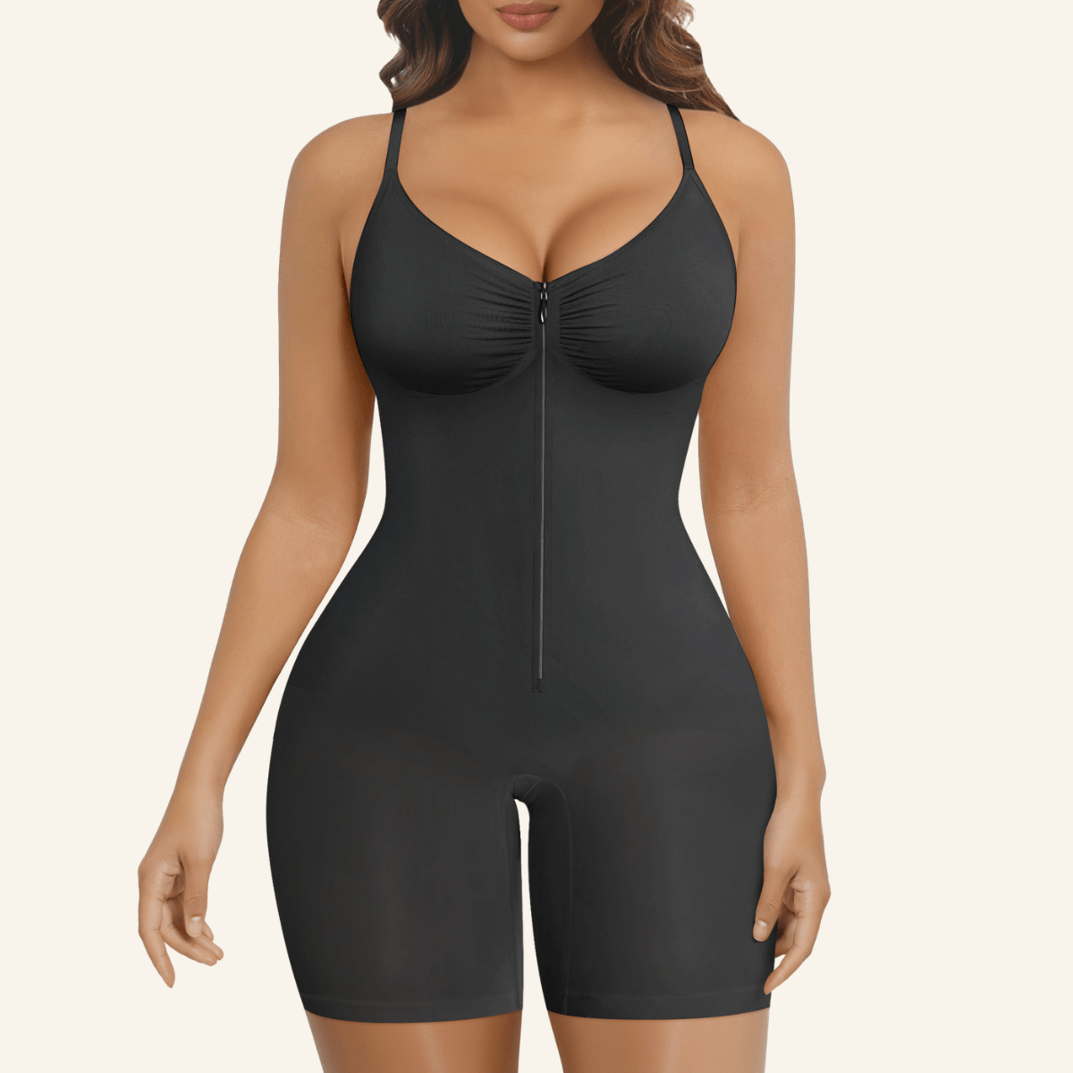 Zip-up tummy control seamless short bodysuit front view in Black