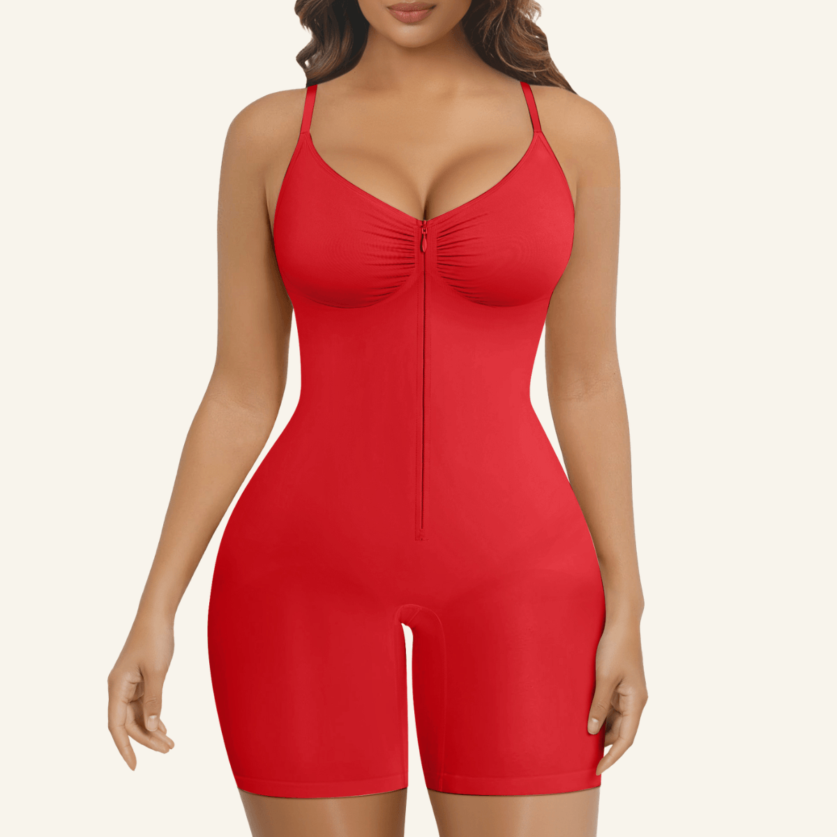 Zip-up tummy control seamless short bodysuit front view in Red