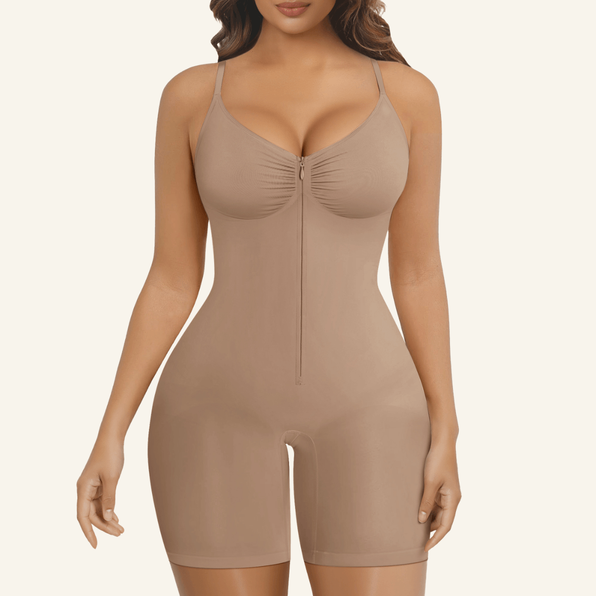 Zip-up tummy control seamless short bodysuit front view in Brown
