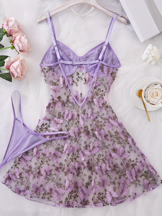 Lavender Muse Butterfly Embroidered Camisole Dress Set