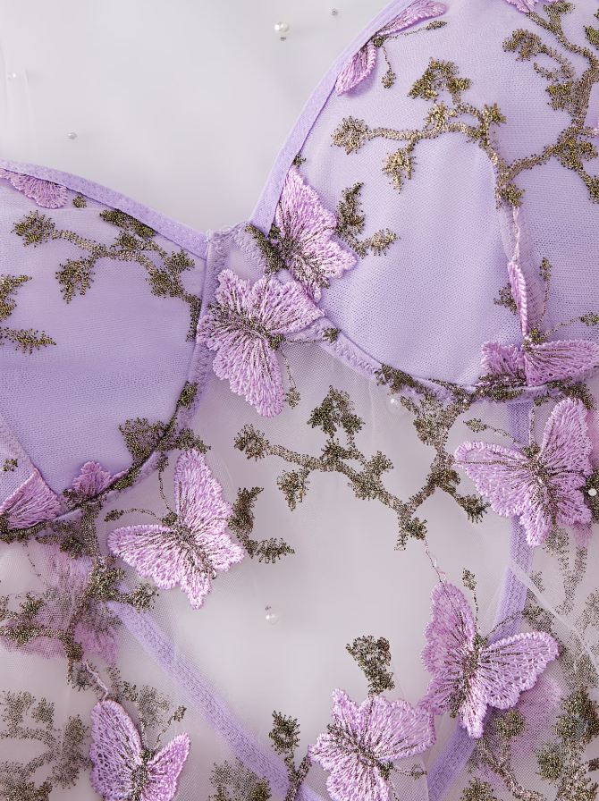 Lavender Muse Butterfly Embroidered Camisole Dress Set