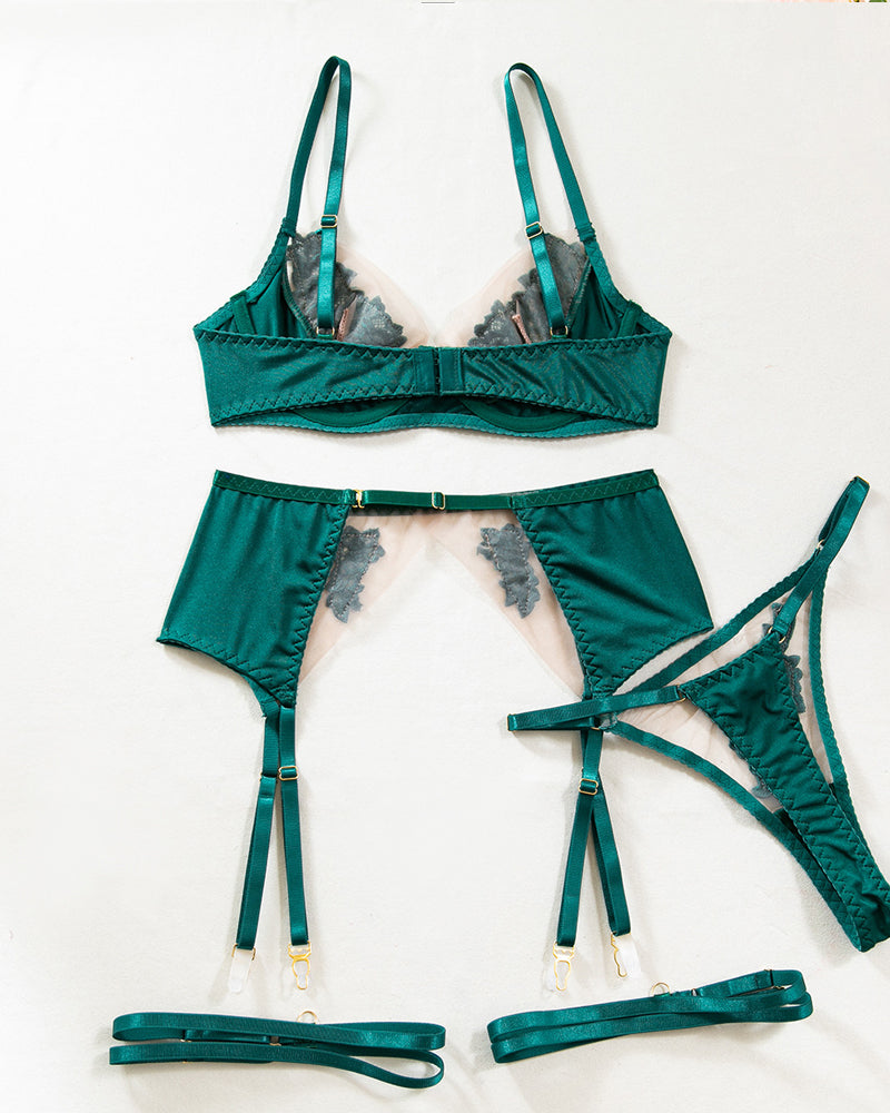 Sexy See-through Mesh Floral Embroidery Patchwork Push-up Bra and Thong Lingerie Set