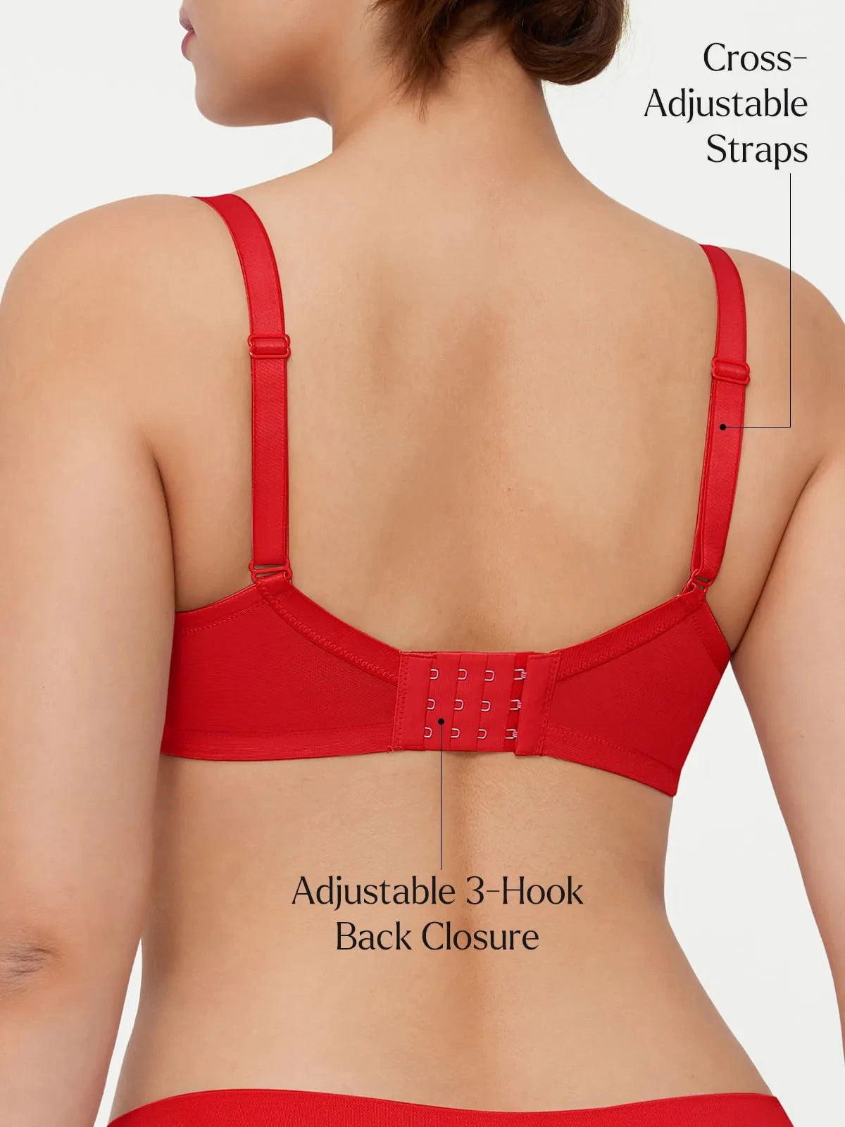 Red minimizer bra with cross-adjustable straps and 3-hook back closure.
