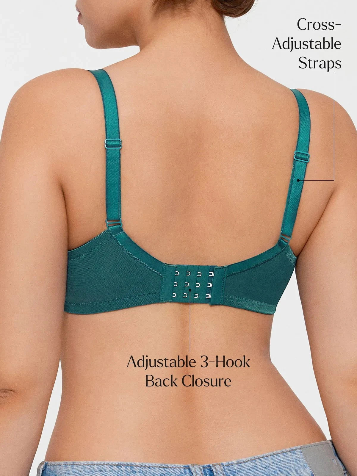 Green underwire minimizer bra back view with adjustable straps and 3-hook closure.