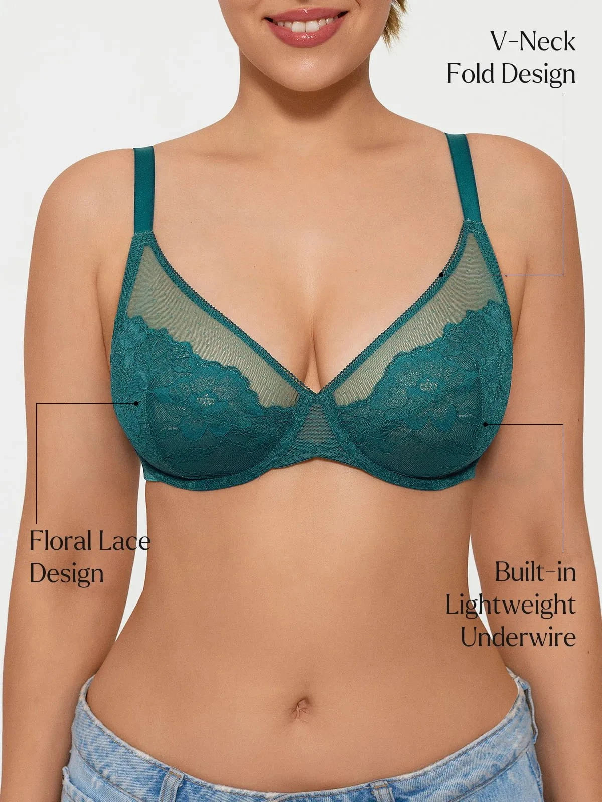 Teal lace mesh underwire minimizer bra with V-neck and floral details.