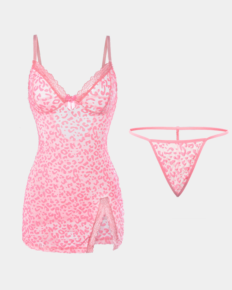 Sexy Deep V Flocked Leopard Print See-Through Mesh Bodycon Nightgown