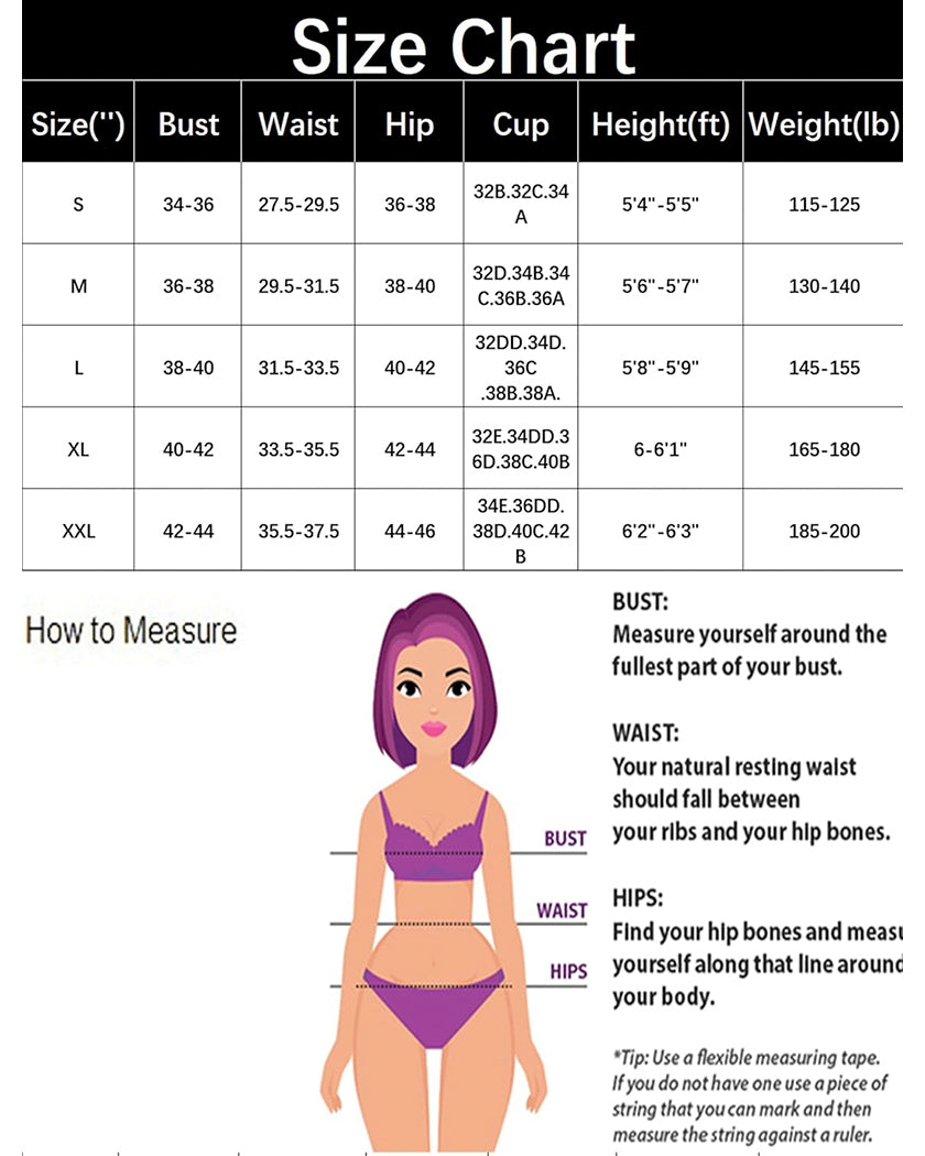 Leopard lace mini bodysuit size chart.  Bust, waist, hip measurements with measuring guide.