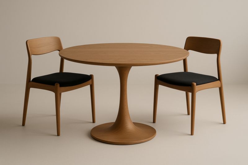 Table ronde avec chaises en bois de chêne