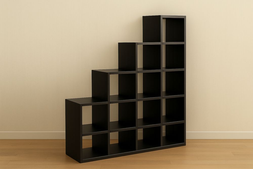 Bibliothèque escalier en bois composite noir, 12 cases, 150×120×30 cm