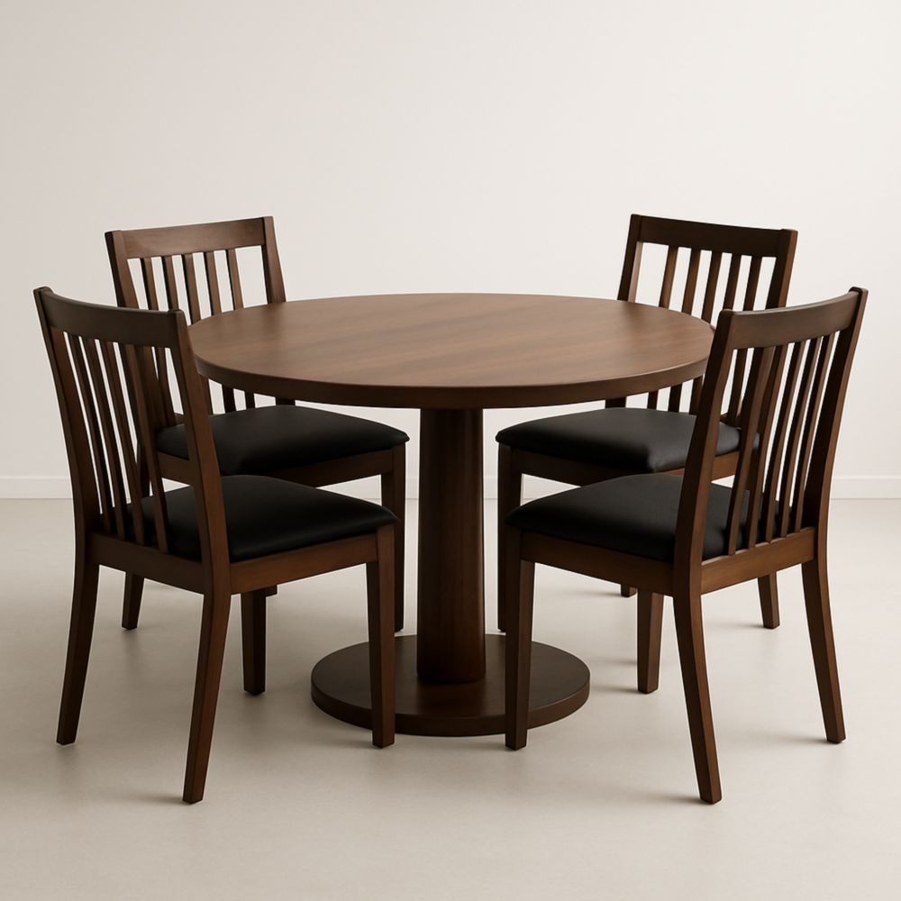 Table en bois avec 4 chaises en similicuir