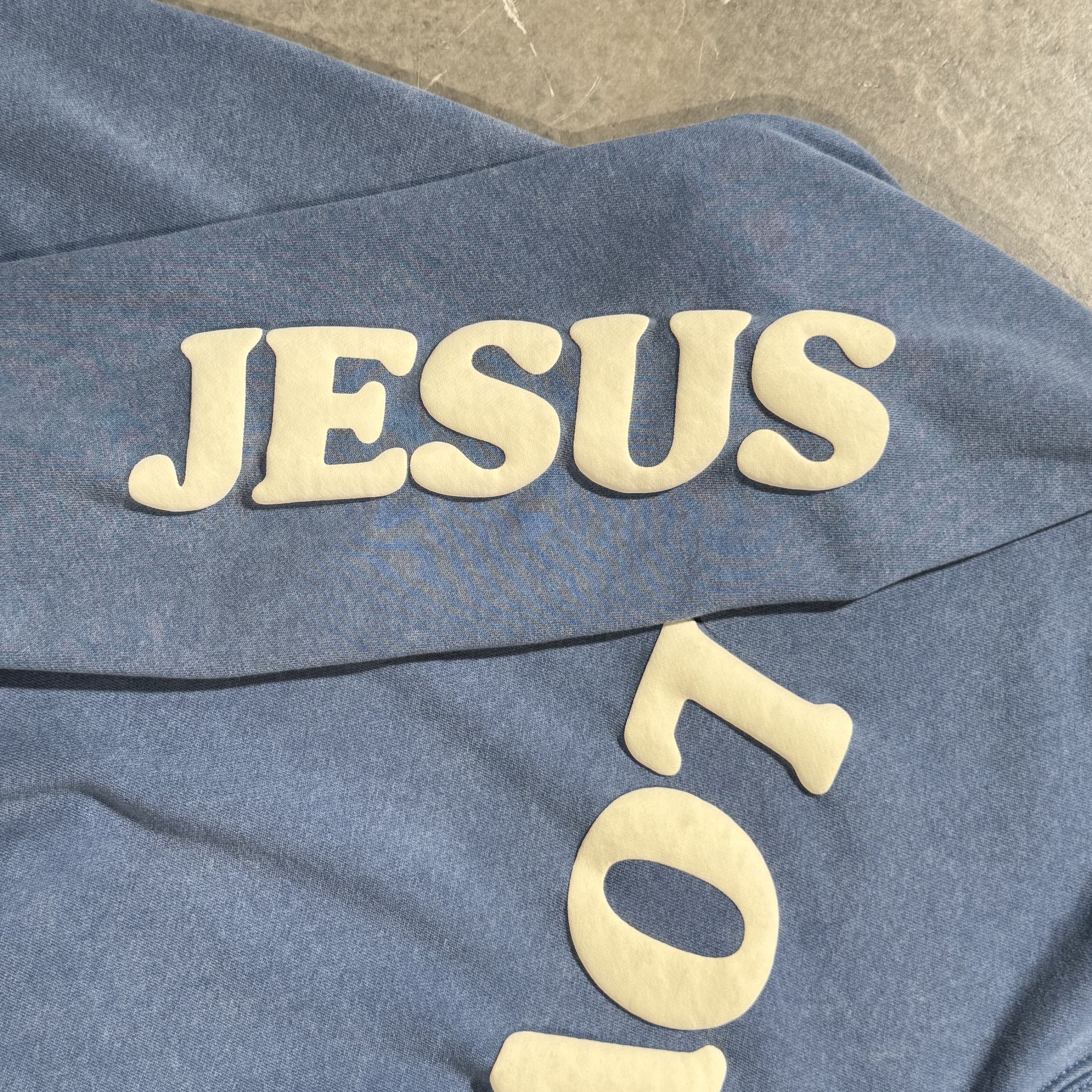 Puff Print Jesus Loves You Graphic Heavyweight Washed Hoodie
