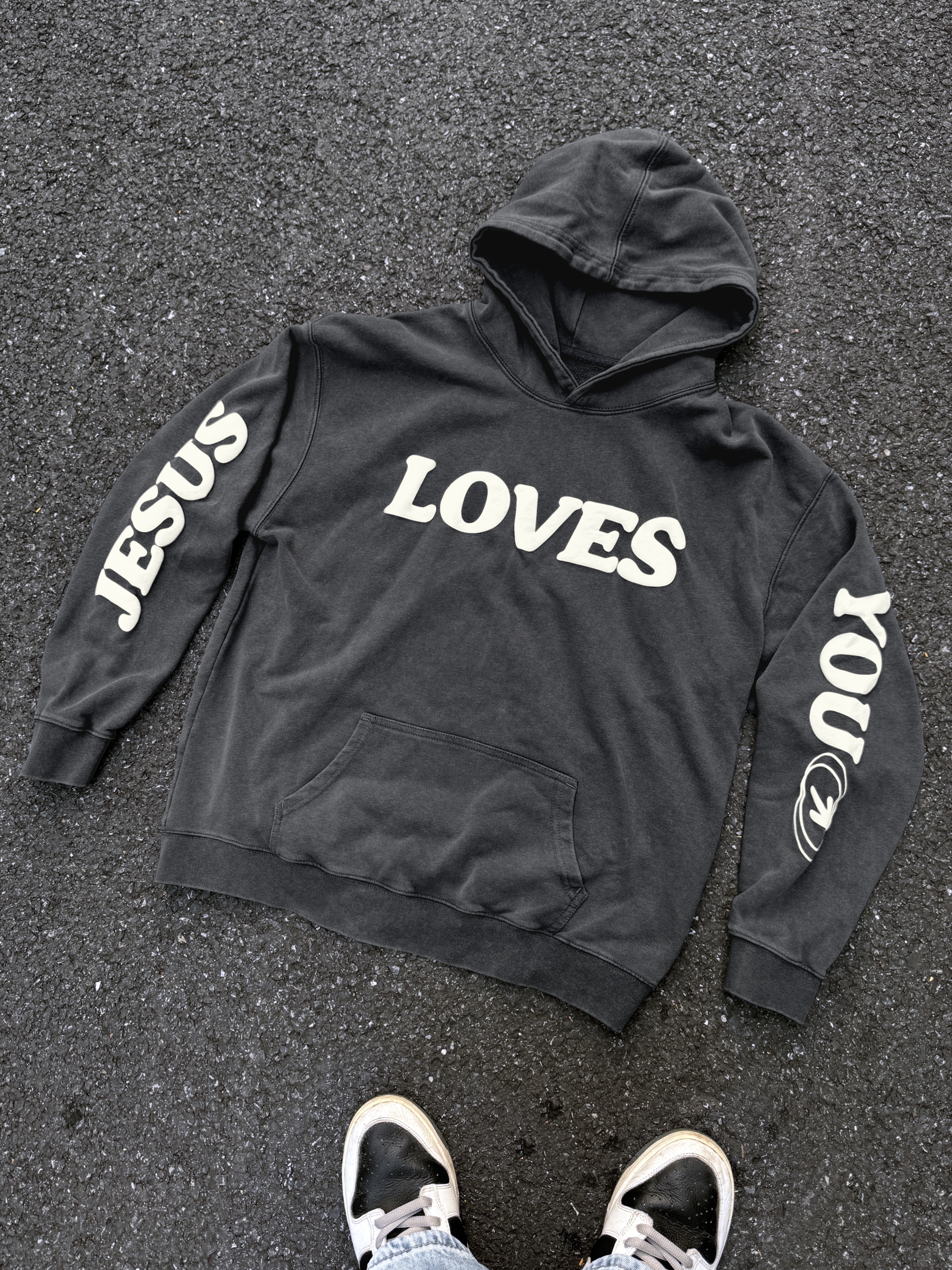 Puff Print Jesus Loves You Graphic Heavyweight Washed Hoodie