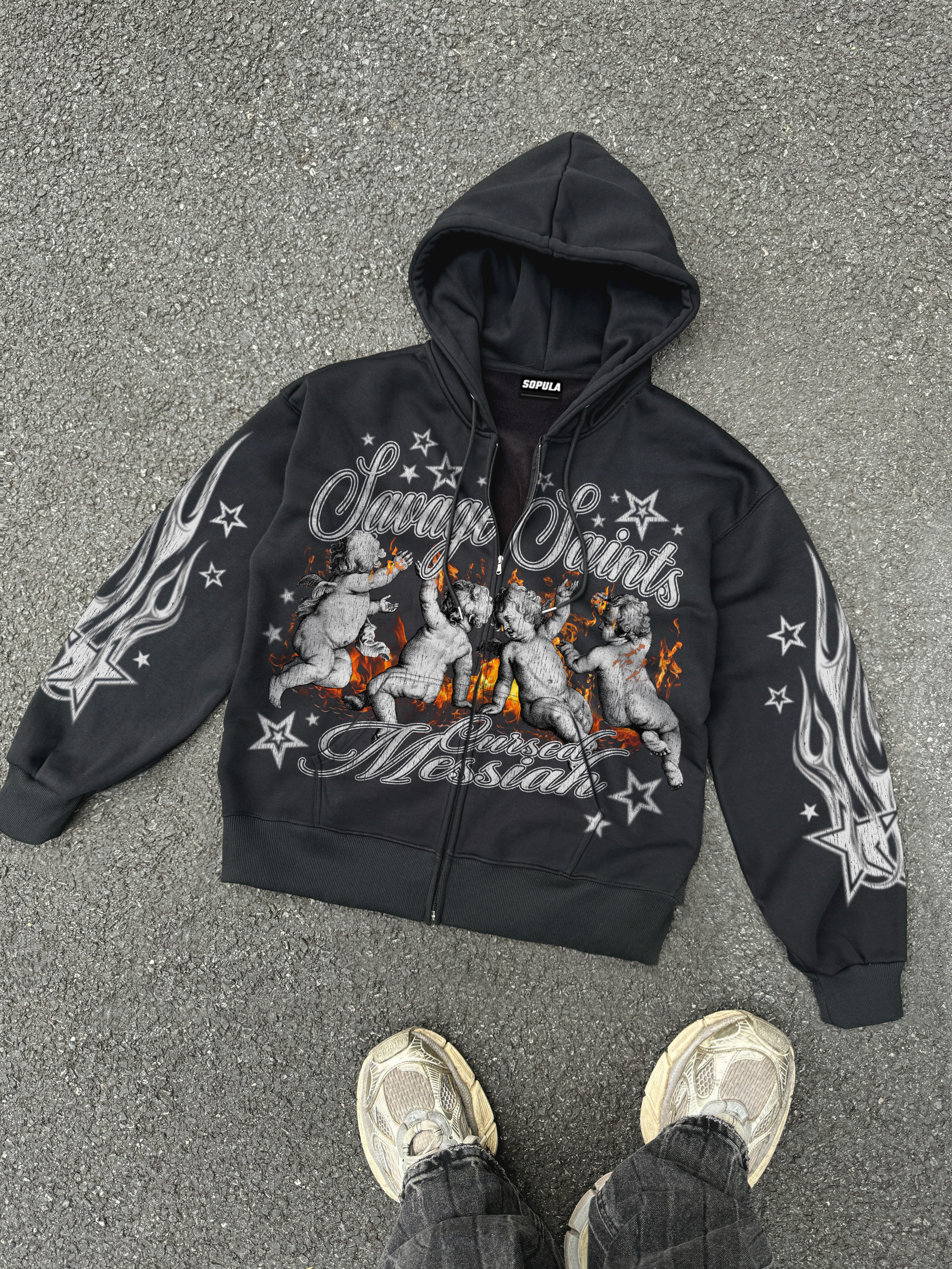 The Cursed Messiah Fallen Angel Vintage Graphic Zip-up Hoodie-sopula studio