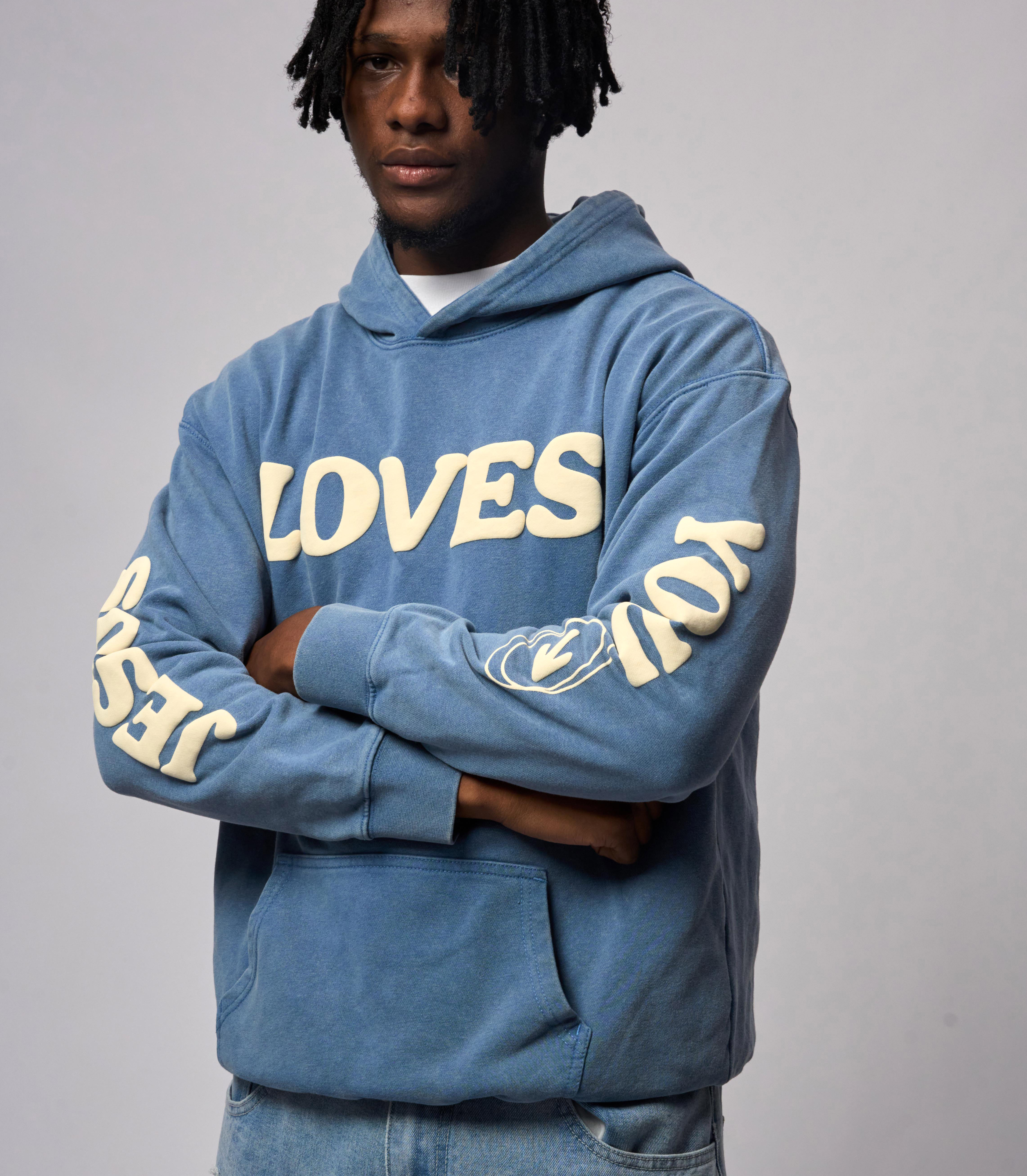 Puff Print Jesus Loves You Graphic Heavyweight Washed Hoodie