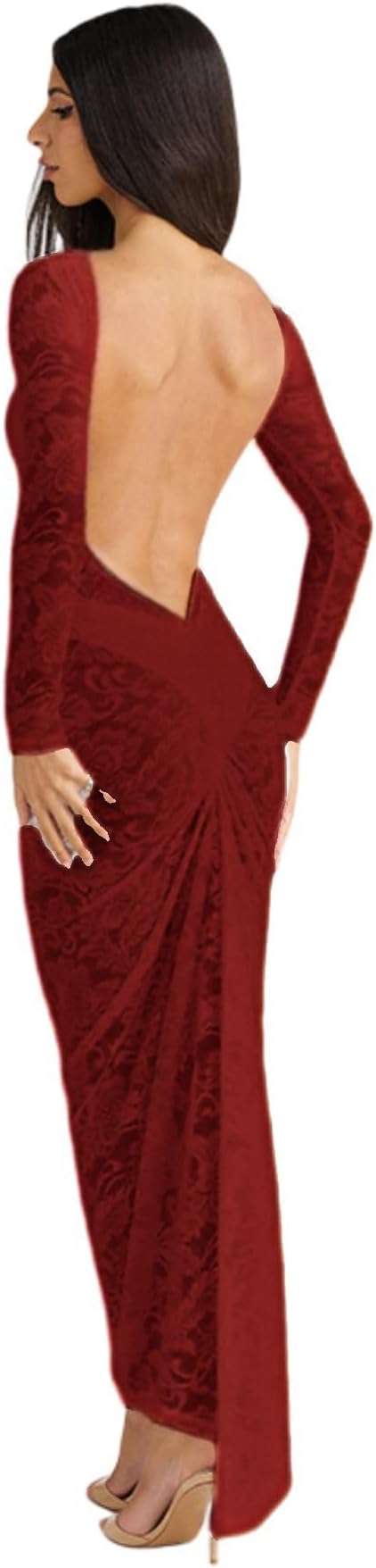 Women's See Through Lace Long Sleeve Maxi Dress Sexy Ruched Backless Bodycon Cocktail Dress Party Evening Gown