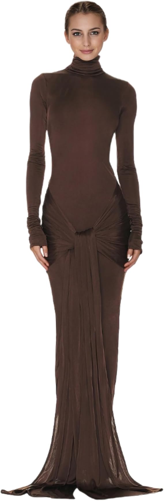 Women's Sexy High Neck Long Sleeve Maxi Dress Elegant Tie Waist Bodycon Long Dress Cocktail Party Dress