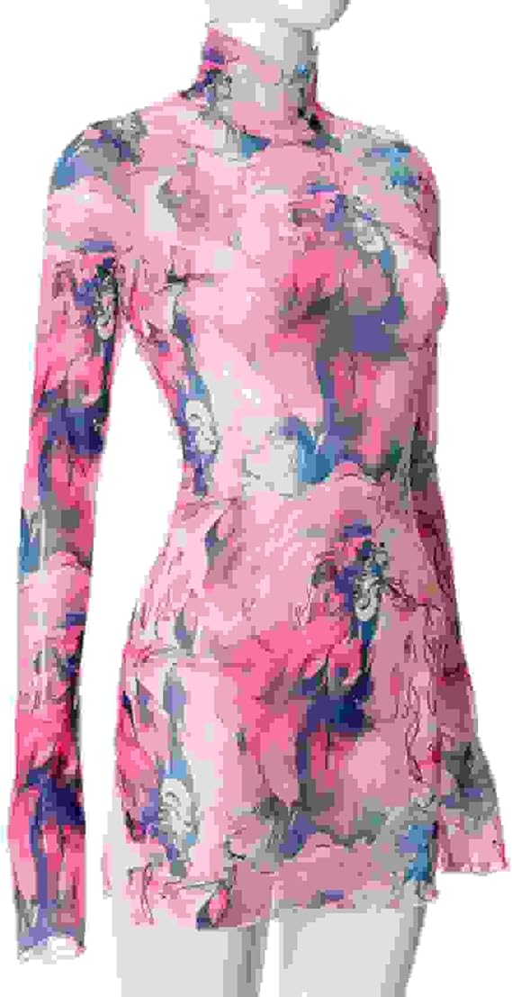 Women’s Floral Tie Dye Sheer Mesh Mini Dress Sexy Mock Neck Split Bodycon Flared Long Sleeve Beach Party Dress