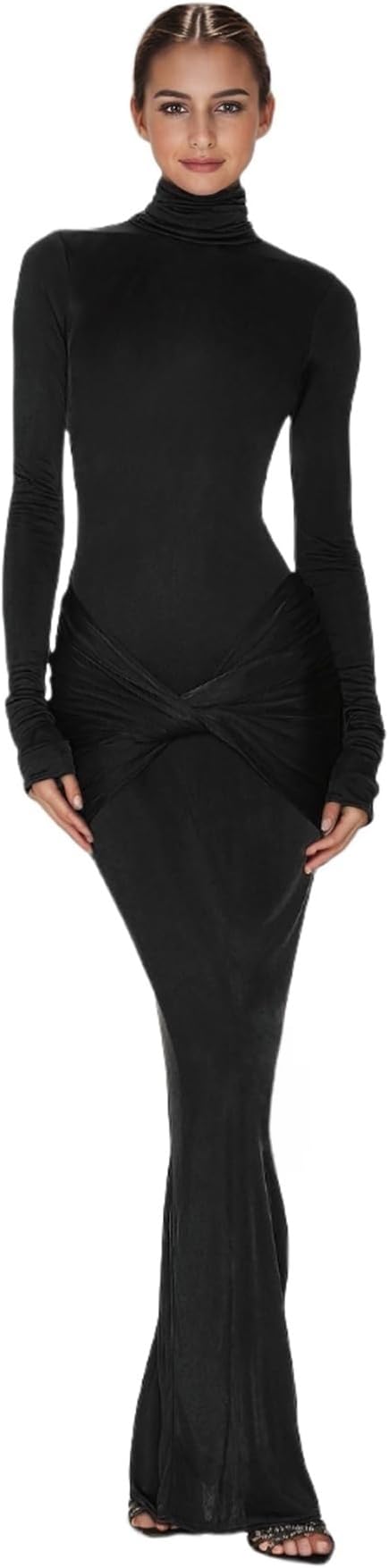 Women's Sexy High Neck Long Sleeve Maxi Dress Elegant Tie Waist Bodycon Long Dress Cocktail Party Dress