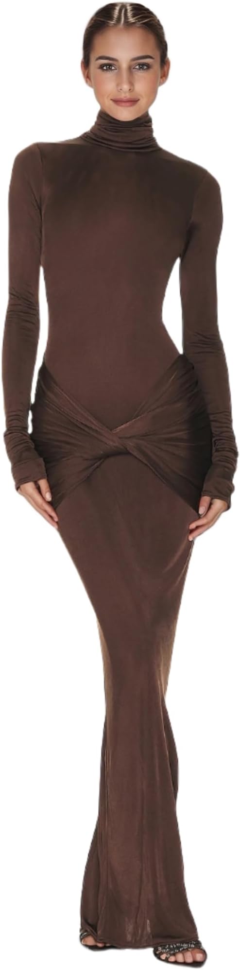 Women's Sexy High Neck Long Sleeve Maxi Dress Elegant Tie Waist Bodycon Long Dress Cocktail Party Dress