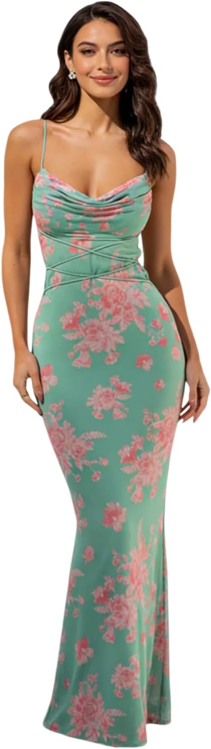 Women's Sleeveless Floral Maxi Dress Wedding Guest Dress Sexy Cowl Neck Lace Up Bodycon Dress Beach Party Dress