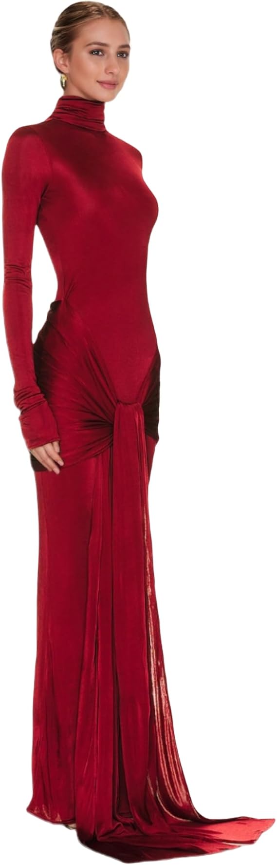 Women's Sexy High Neck Long Sleeve Maxi Dress Elegant Tie Waist Bodycon Long Dress Cocktail Party Dress